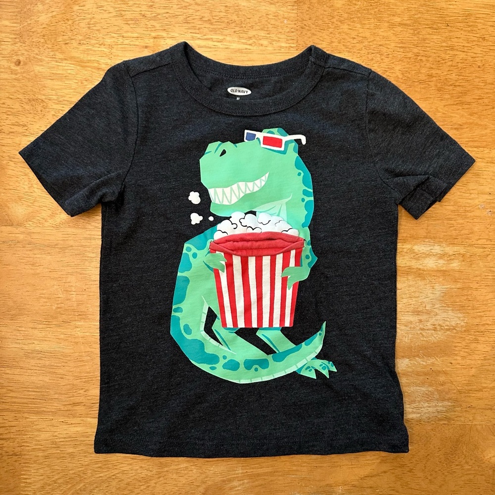 Old Navy Black and Green Short Sleeve Tee with Dinosaur Graphic